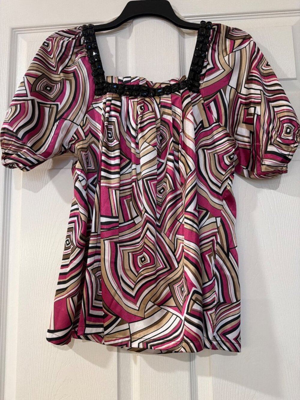 AAApple Geometric Print Puff Sleeve Top With Square Beaded Neckline Large Multic